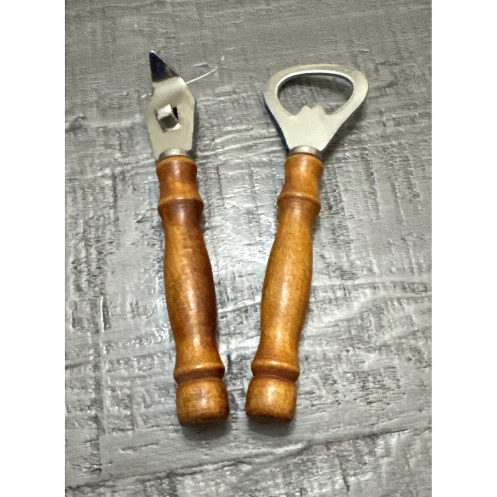 Vintage Wooden Handle Bottle Opener & Can Piercer Set Mid Century‎ Barware